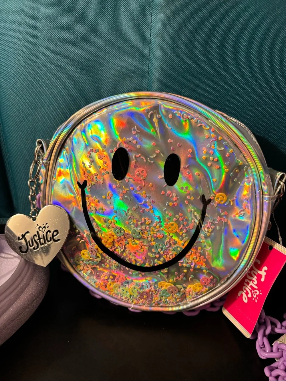 Justice Lavender Heart Slip-On Clogs with Holographic Smile Bag